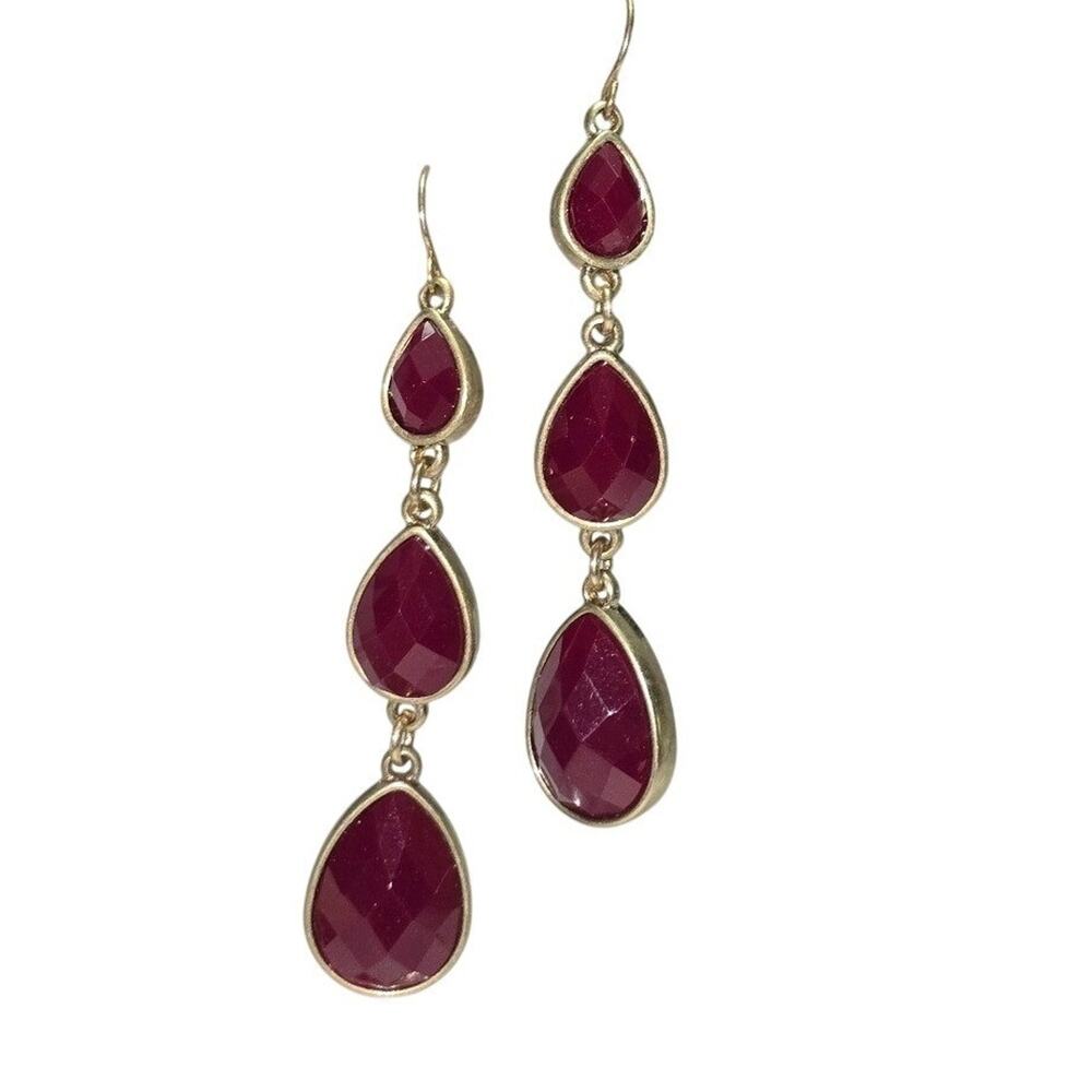 Lucky Brand Burgundy Red Faceted Teardrop Tiered Drop Earrings Gold Matte Finish